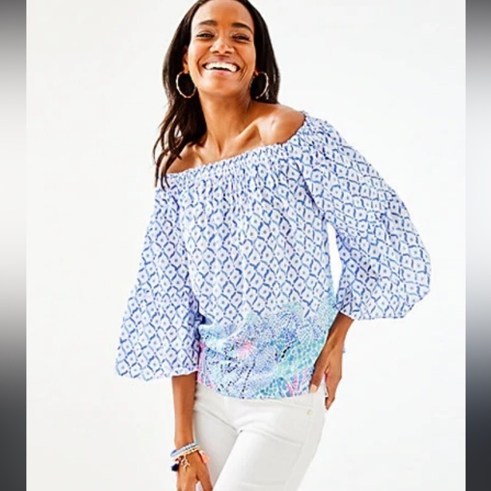 Lilly Pulitzer Nevie Off The Shoulder Top in Sea La Vie Print, XS